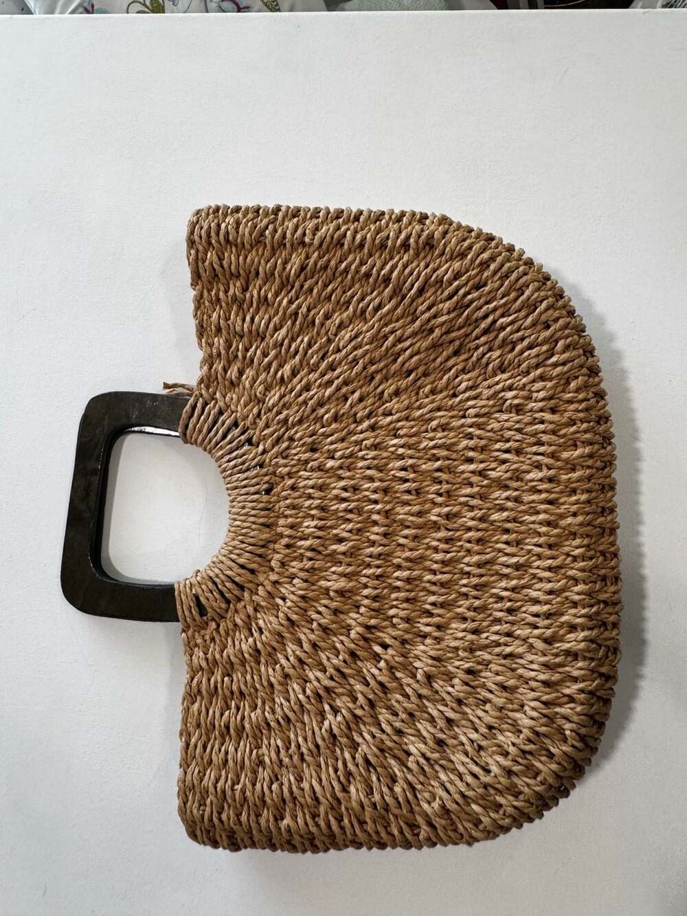 Papyrus Woven Straw Half-Moon Handbag with Wooden Handles